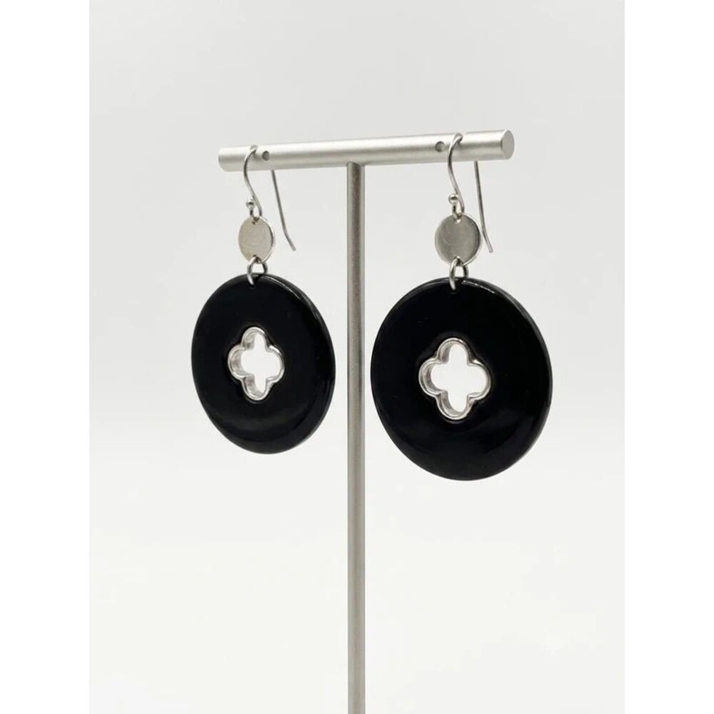 Black Resin Silver Quatrefoil Clover Circle Drop Earrings Statement Dangle Retro